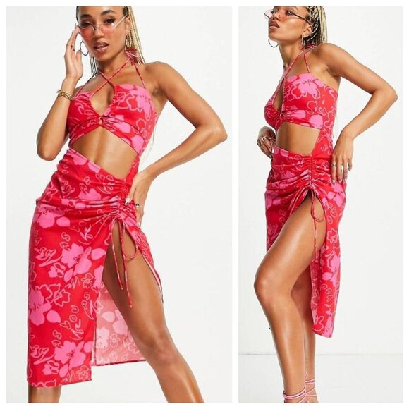 ASOS As You Red & Pink Floral Cross Neck Halter Cut Out Midi Dress - Picture 1 of 6